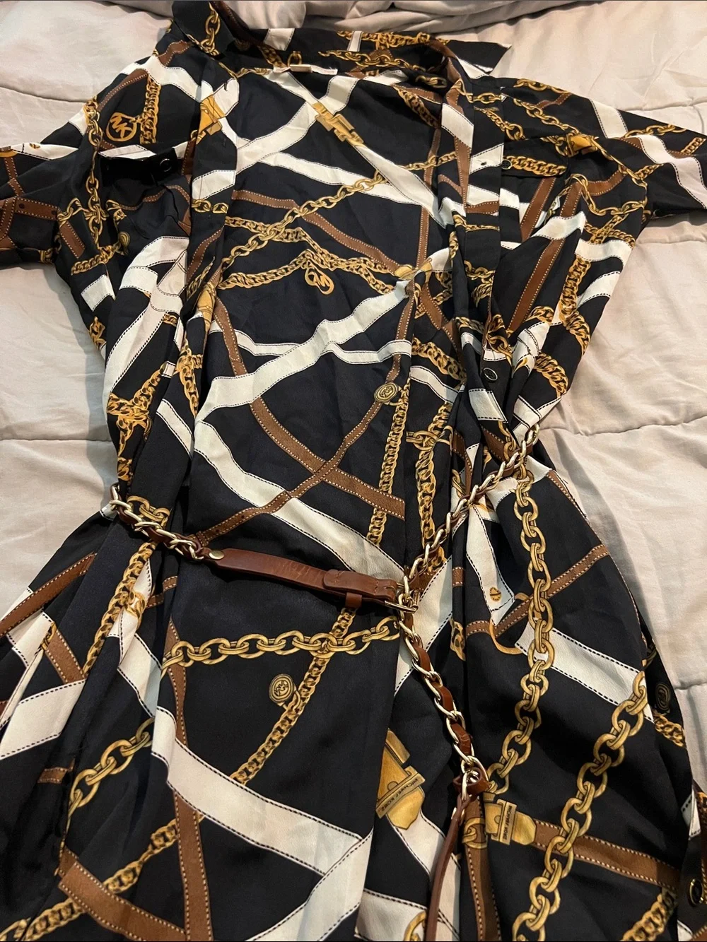 Chain-Print Black & Brown Shirt Dress